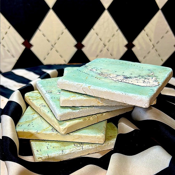 Vintage Nantucket Map Marble Coasters – Set of 6 | Aqua Coastal Chic - Picture 1 of 14